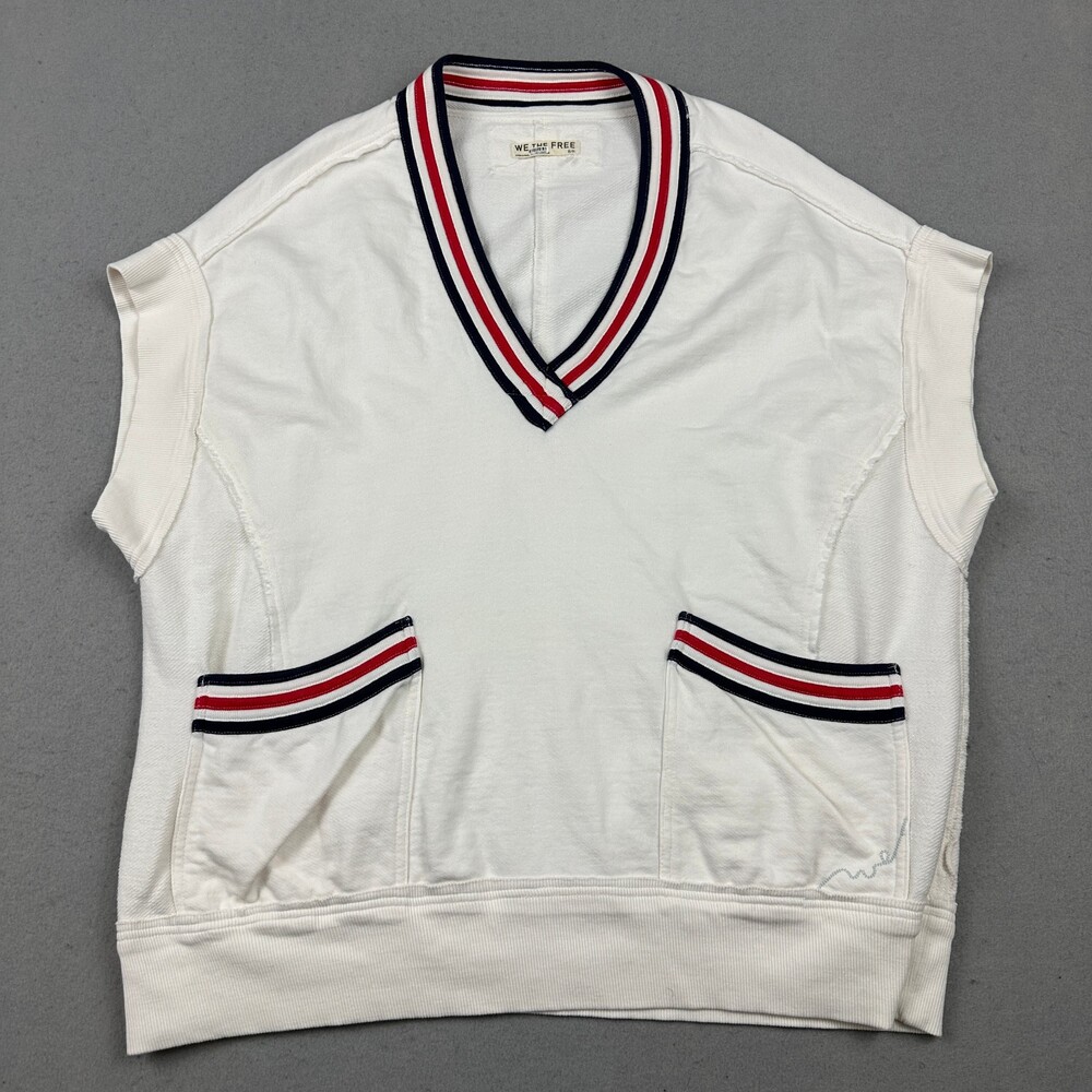 Free People Vest Women Small White Ivy V-Neck Varsity Stripe Pockets Oversized S